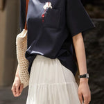 Cat embroidery round neck short sleeve pocket casual loose top - liwisi