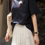 Cat embroidery round neck short sleeve pocket casual loose top - liwisi