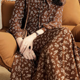 Exquisite Commuter Floral‑Print V‑Neck Long‑Sleeve Dress With Ribbon Bow