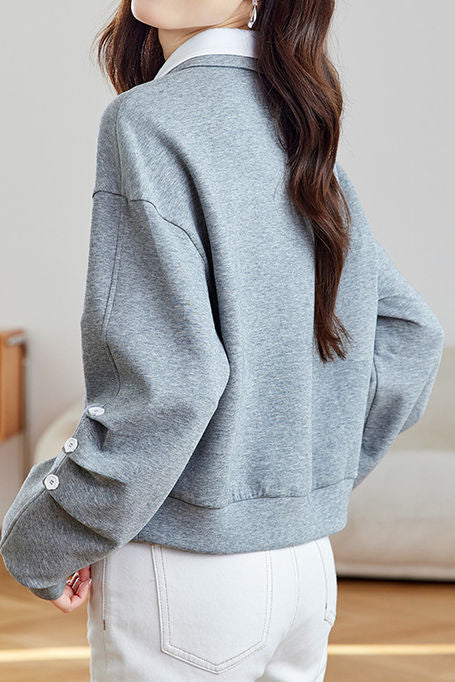 Casual Double-Layer Polo Collar Pleated Loose Long-Sleeve Hoodie - liwisi