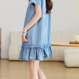 Casual Elegant U-neck Tie Embroidered Denim Dress