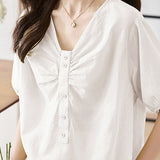 V-Neck Front Button Decor Drawstring Gathered Blouse - 3 Colors Available
