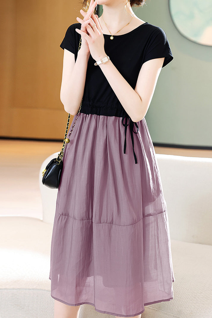 Round Neck Docking Prairie Dress with Lining - liwisi