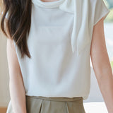 Diagonal Bow Tie Collar Drop Shoulder Satin Blouse - 2 Colors Available