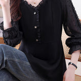 Exquisite Commuter V‑Neck Long‑Sleeve Blouse With Ruffle Trim