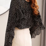 Exquisite Commuter Crew‑Neck Long‑Sleeve Blouse With Small Polka‑Dot Print
