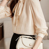 Exquisite Commuter Ruffled Tie Stand Collar Long-Sleeve Blouse