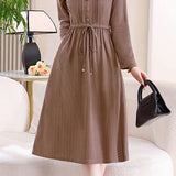 Exquisite Commuter Ruffled Crew Neck Long-Sleeve Dress With Drawstring Waist