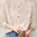 Casual Vacation Colorful Button Floral Embroidered Ruffled Blouse
