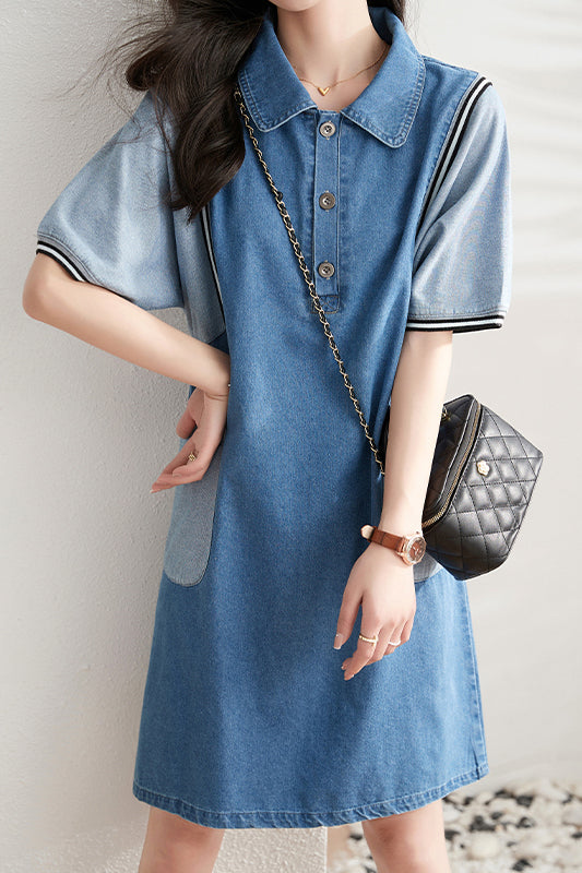 シャツカラー異色切替デニムシフトワンピース - liwisi