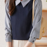 Commuter Versatile Polo Collar Stripe Long-Sleeve Fake Two-Piece Sweatshirt - liwisi