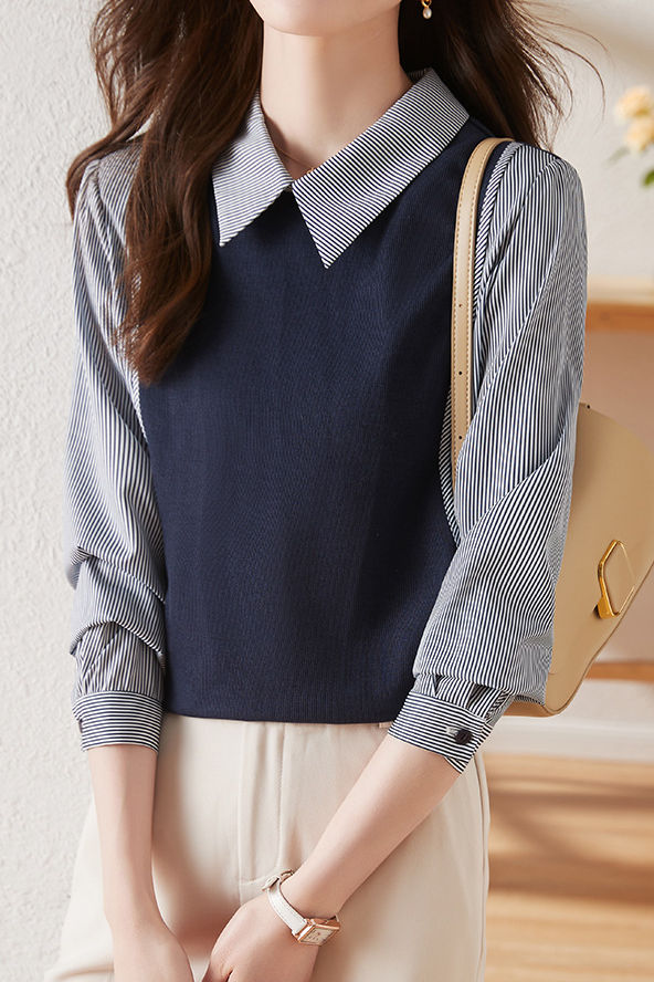 Commuter Versatile Polo Collar Stripe Long-Sleeve Fake Two-Piece Sweatshirt - liwisi