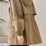 Casual Hooded Zip‑Up Drawstring Elastic Waist Trench Coat