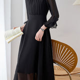 French Elegant Crew Neck Waist-Cinched Three-Quarter Sleeve Chiffon Dress