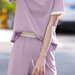 Casual color-block short-sleeve long pants two-piece set. - liwisi