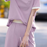 Casual color-block short-sleeve long pants two-piece set. - liwisi