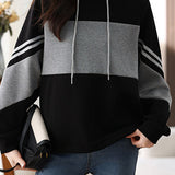 Casual Versatile Color-Blocked Black Hoodie