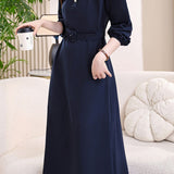 Elegant Commuter Midi Crew Neck Dress With Buttons & Waist Tie