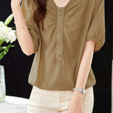 V-Neck Front Button Decor Drawstring Gathered Blouse - 3 Colors Available