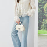 Elegant Date Ruffled Stand Collar Long‑Sleeve Lace Blouse