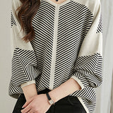 V-Neck Diagonal Stripe Contrast Knit Top - 2 Colors Available