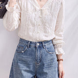 Elegant French V-Neck Embroidered Jacquard Long-Sleeve Blouse