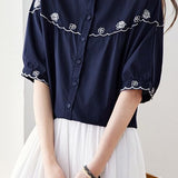Elegant Commuter Crew Neck Button Front Embroidered Short Sleeve Blouse