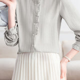 Elegant Vertical Shimmer Stripe Ruffled Blouse