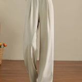 Commuter Half Elastic Pleated High Waist Wide Leg Pants