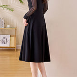 Elegant Commuter V‑Neck Printed Long‑Sleeve Dress With Ribbon And Mesh Splicing