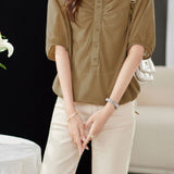 V-Neck Front Button Decor Drawstring Gathered Blouse - 3 Colors Available