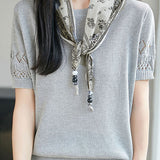 Casual Round Neck Scarf Decor Short Sleeve Knit Sweater