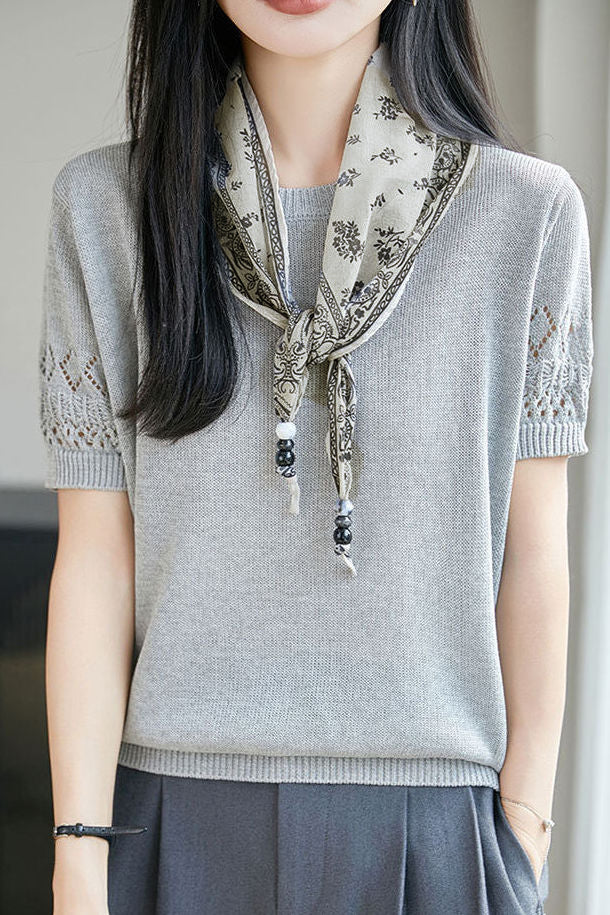 Casual Round Neck Scarf Decor Short Sleeve Knit Sweater