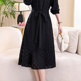Elegant Commuter Stand Collar Tie Waist Long-Sleeve Dress