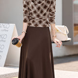 Elegant Plaid Color-Block Top & Midi Skirt Two-Piece Set
