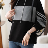 Casual Versatile Color-Blocked Black Hoodie