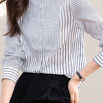 Elegant Office Stand-Collar Long-Sleeve Striped Paneled Blouse - liwisi