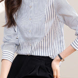 Elegant Office Stand-Collar Long-Sleeve Striped Paneled Blouse - liwisi