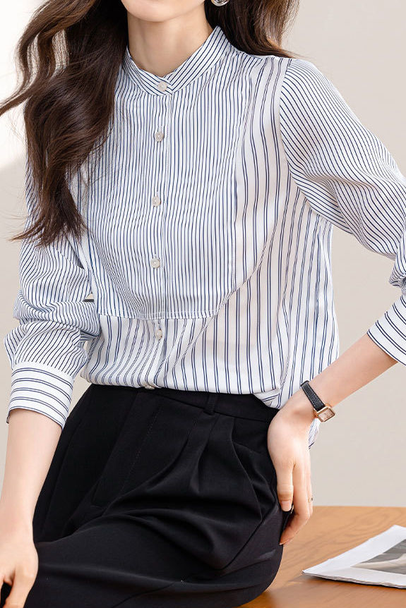 Elegant Office Stand-Collar Long-Sleeve Striped Paneled Blouse - liwisi