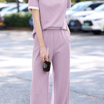 Casual color-block short-sleeve long pants two-piece set. - liwisi