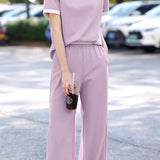 Casual color-block short-sleeve long pants two-piece set. - liwisi