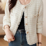 Elegant Tweed Short-Length Frayed Long-Sleeve Jacket - liwisi