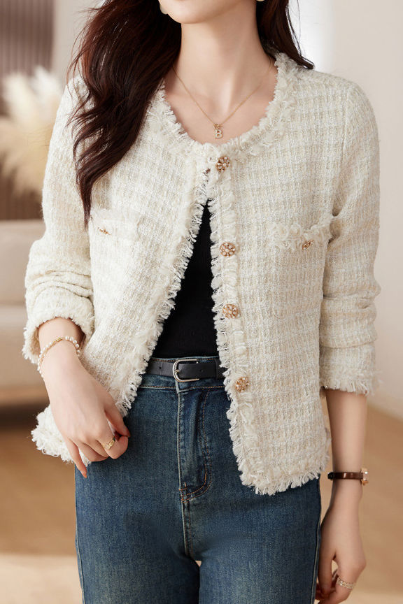 Elegant Tweed Short-Length Frayed Long-Sleeve Jacket - liwisi