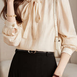 Exquisite Commuter Ruffled Tie Stand Collar Long-Sleeve Blouse