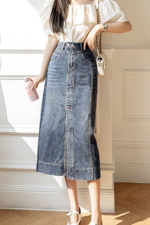 フロントスリットデニムロングストレートスカート - liwisi