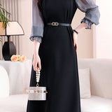 Exquisite Elegant Ruffled Stand‑Collar Spliced Long‑Sleeve Dress