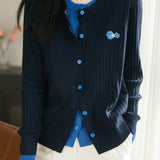Elegant Commuter Crew Neck Ribbed Fake Two‑Piece Knit Cardigan