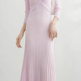 French Elegant Waist Cinched Ruffled Hem Knit Dress