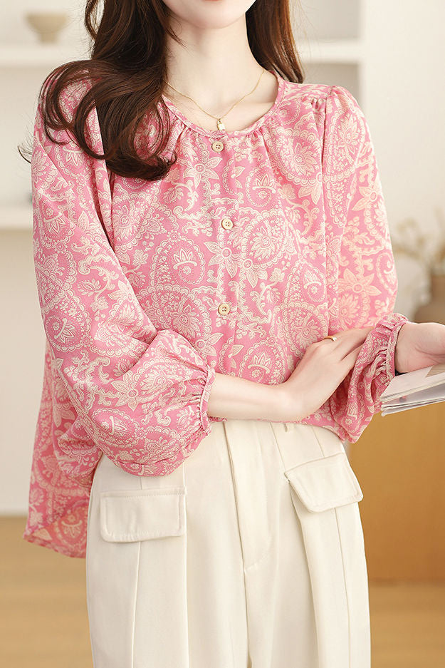 Casual Floral Lantern Sleeve Shirt - liwisi