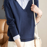 Casual Office Polo Collar Spliced Fake Two-Piece Knit Top - liwisi